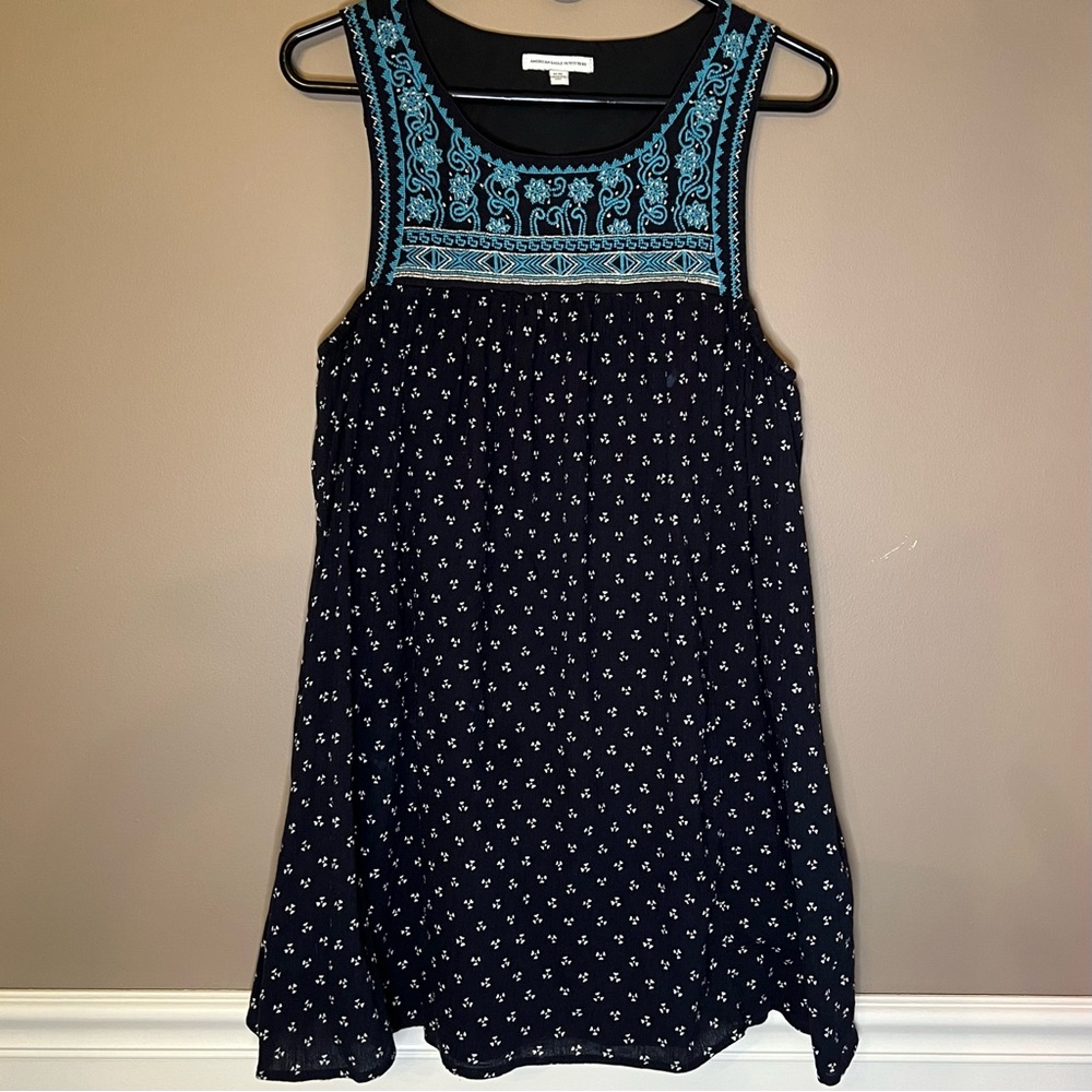 American Eagle Women’s Cotton Sleeveless Lined Embroidered Dress Black SZ Medium